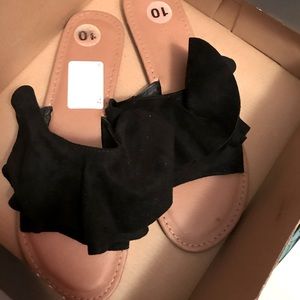 Slippers,Black,Size 10,Suede,Double Layers Ruffle